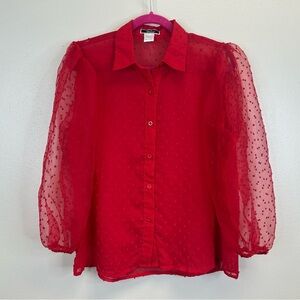 Vivid L Red Polka Dot Sheer Puff Sleeve Blouse Valentines Day Twee Romantic